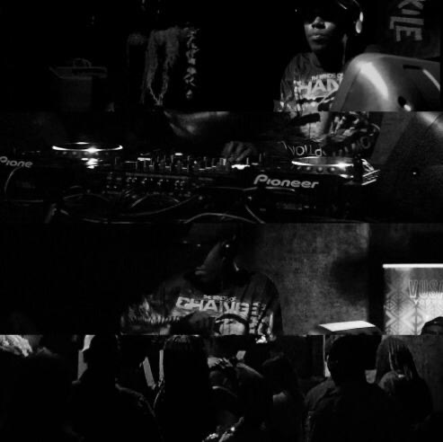 Black-and-white triptych of DJs mixing in a packed club